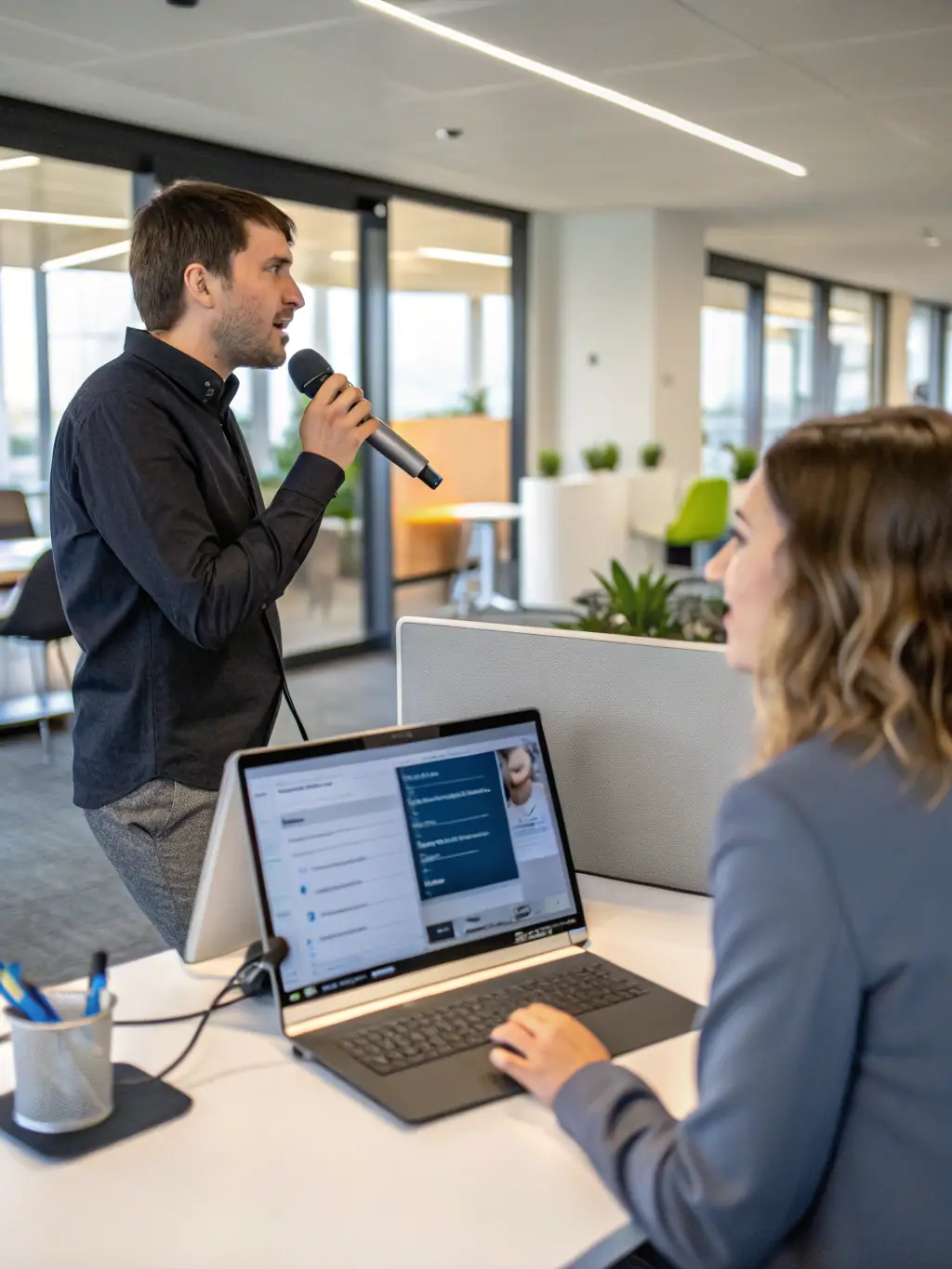 A voice agent interacting with a user, depicted in a modern office setting, highlighting hands-free operation and efficient task management.