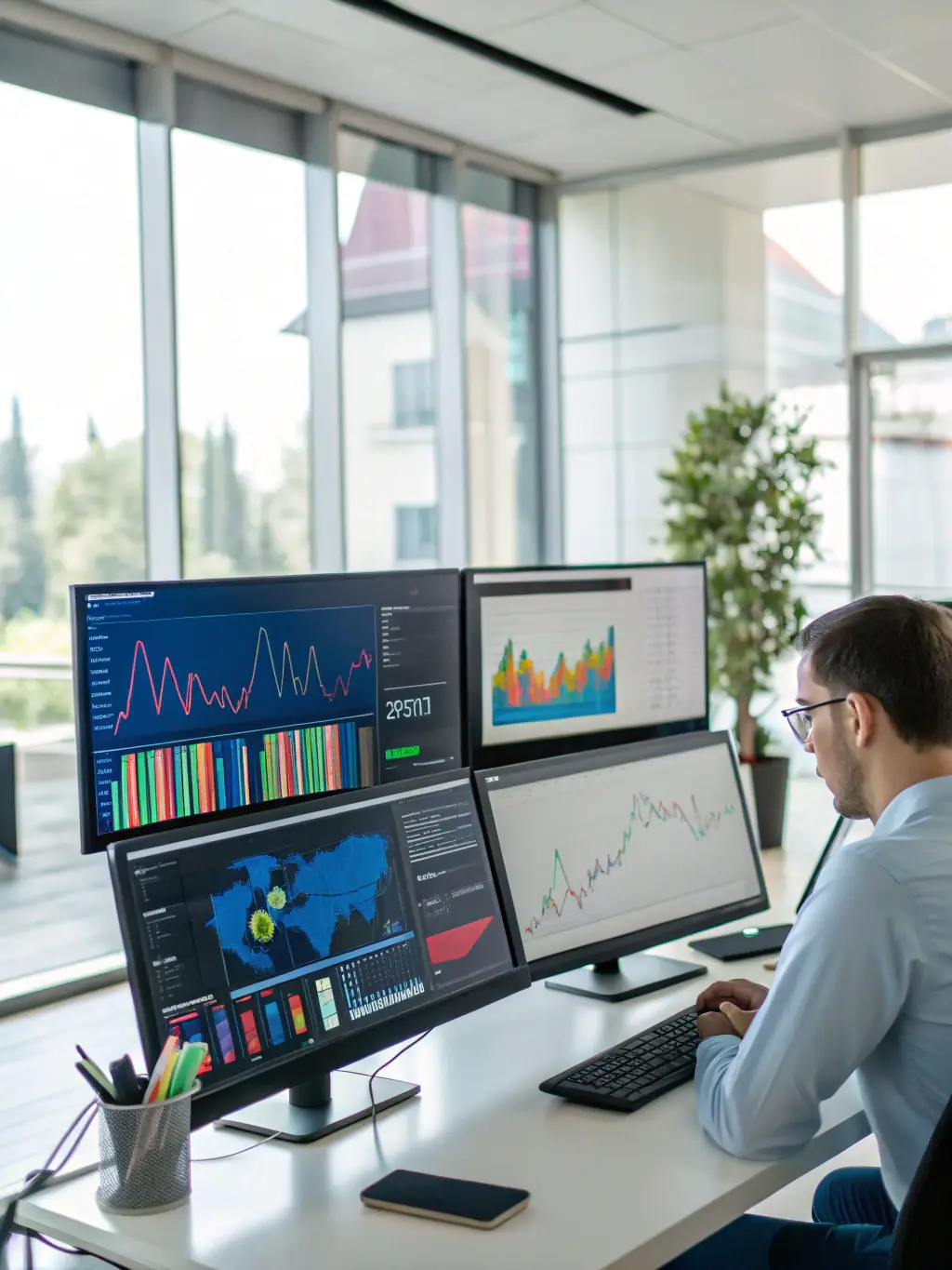 An AI-powered system analyzing data and generating insights, displayed on a dashboard in a business setting.