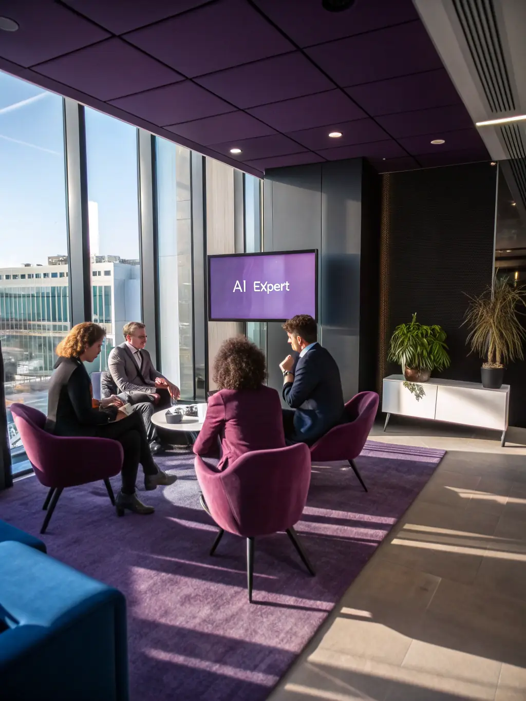 A professional office setting with employees collaborating with AI-powered chatbots on their computers, illustrating enhanced productivity.